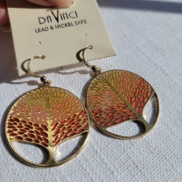 Da Vinci Jewelry - Fall / Autumn Gold disc Tree of life enamel earrings